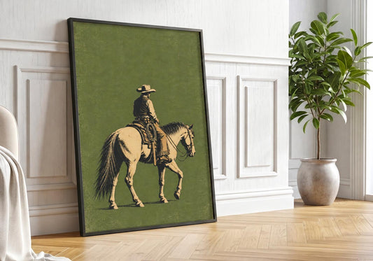 The Vintage Cowboy on Horseback wall print is photographed from a wider angle in a horseback 02 reading corner setting.