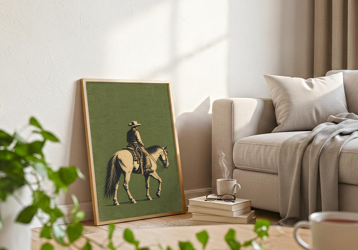 This interior composition pairs the sage green, parchment, tobacco brown and black artwork with a contrasting frame and lived-in styling.