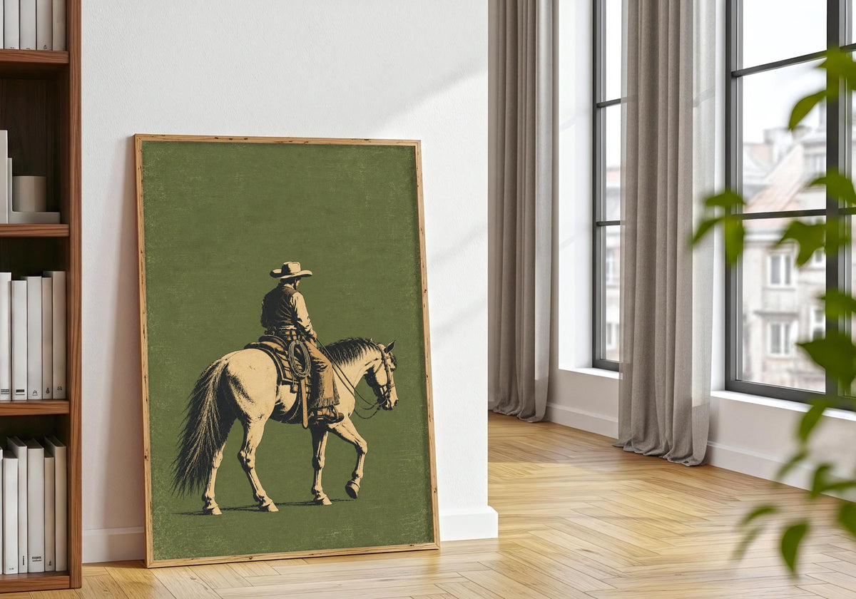 A final wide view shows the scale and placement of Vintage Cowboy on Horseback in the horseback 08 natural frame plants room.