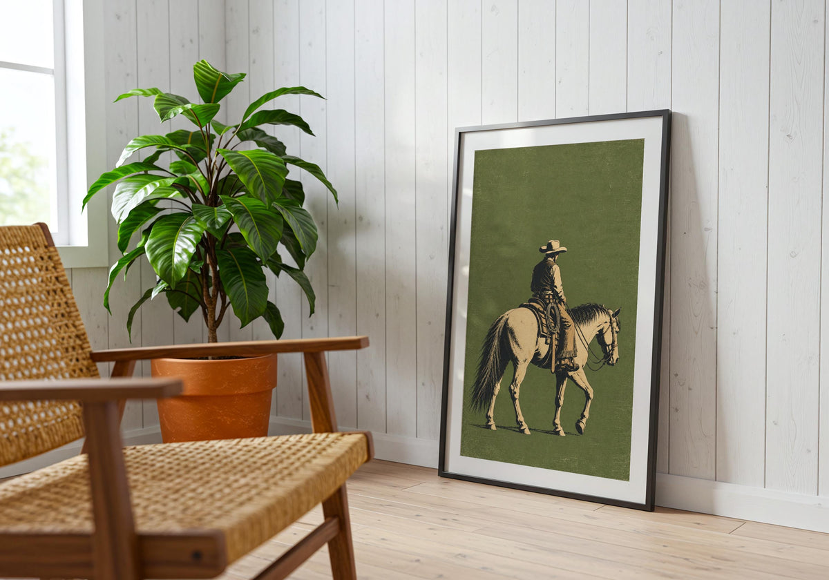 Close room styling highlights the sage green, parchment, tobacco brown and black palette of the Vintage Cowboy on Horseback design.