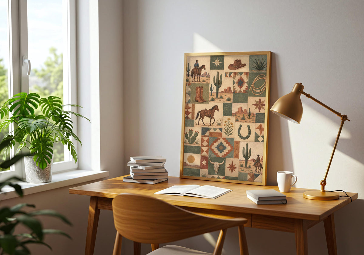 Seen above the room furniture, the portrait-format Vintage Western Quilt Collage print adds a distinct vertical accent.