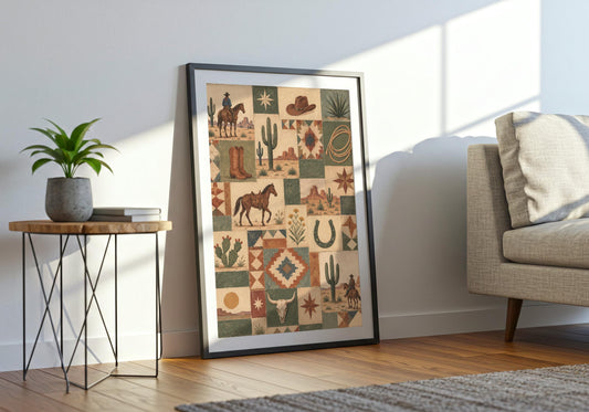 The Vintage Western Quilt Collage wall print is photographed from a wider angle in a quilt collage 10 living room wide setting.