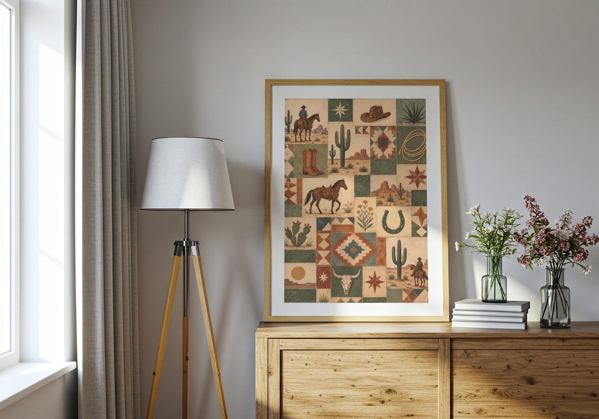 Greenery and furniture surround the framed artwork depicting a patchwork of cowboys, horses, cacti, boots, rope and quilt-star motifs.