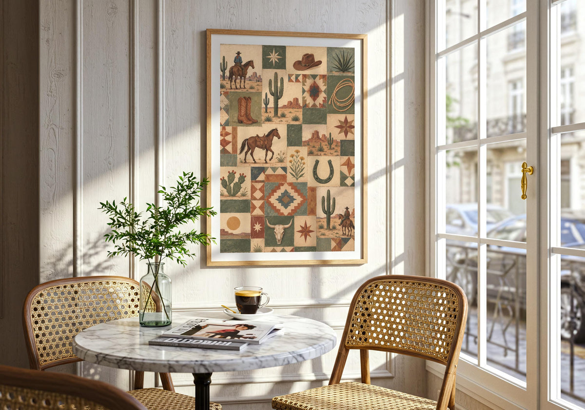 Framed in this quilt collage 09 console wall interior, a patchwork of cowboys, horses, cacti, boots, rope and quilt-star motifs remains clearly visible.