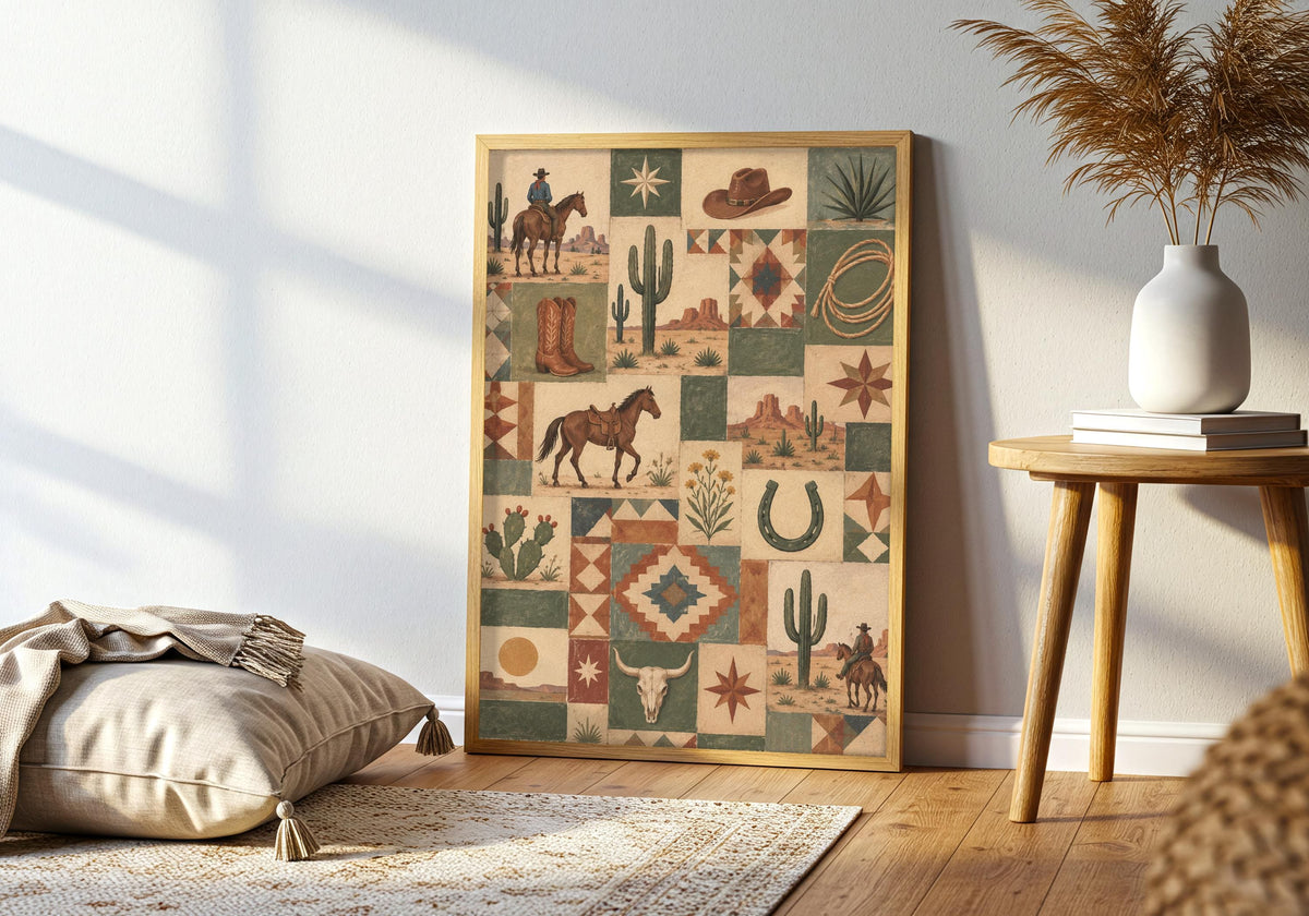 This interior composition pairs the desert cream, saddle brown, muted rust and cactus green artwork with a contrasting frame and lived-in styling.