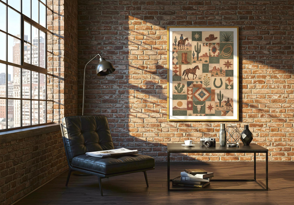 An angled photograph shows how the framed Vintage Western Quilt Collage artwork sits within the quilt collage 04 green lounge scene.