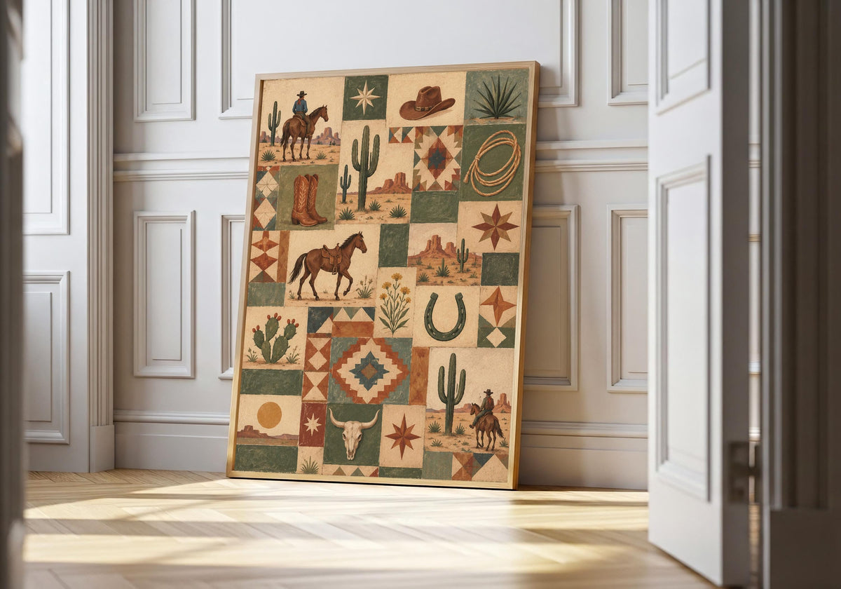 Close room styling highlights the desert cream, saddle brown, muted rust and cactus green palette of the Vintage Western Quilt Collage design.