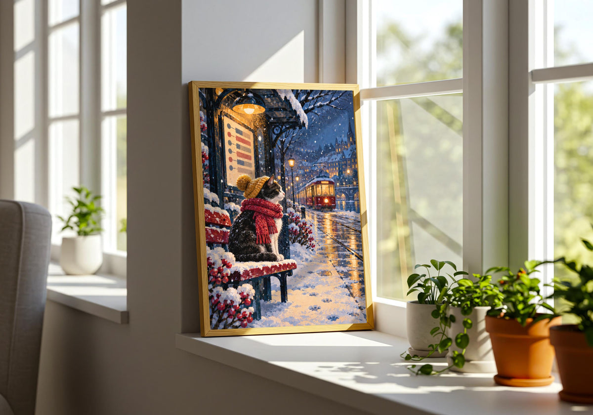 The Winter Cat Tram Stop wall print is photographed from a wider angle in a tram stop v4 09 green plant room setting.