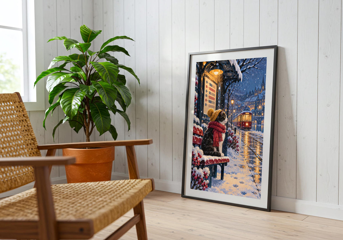 Seen above the room furniture, the portrait-format Winter Cat Tram Stop print adds a distinct vertical accent.