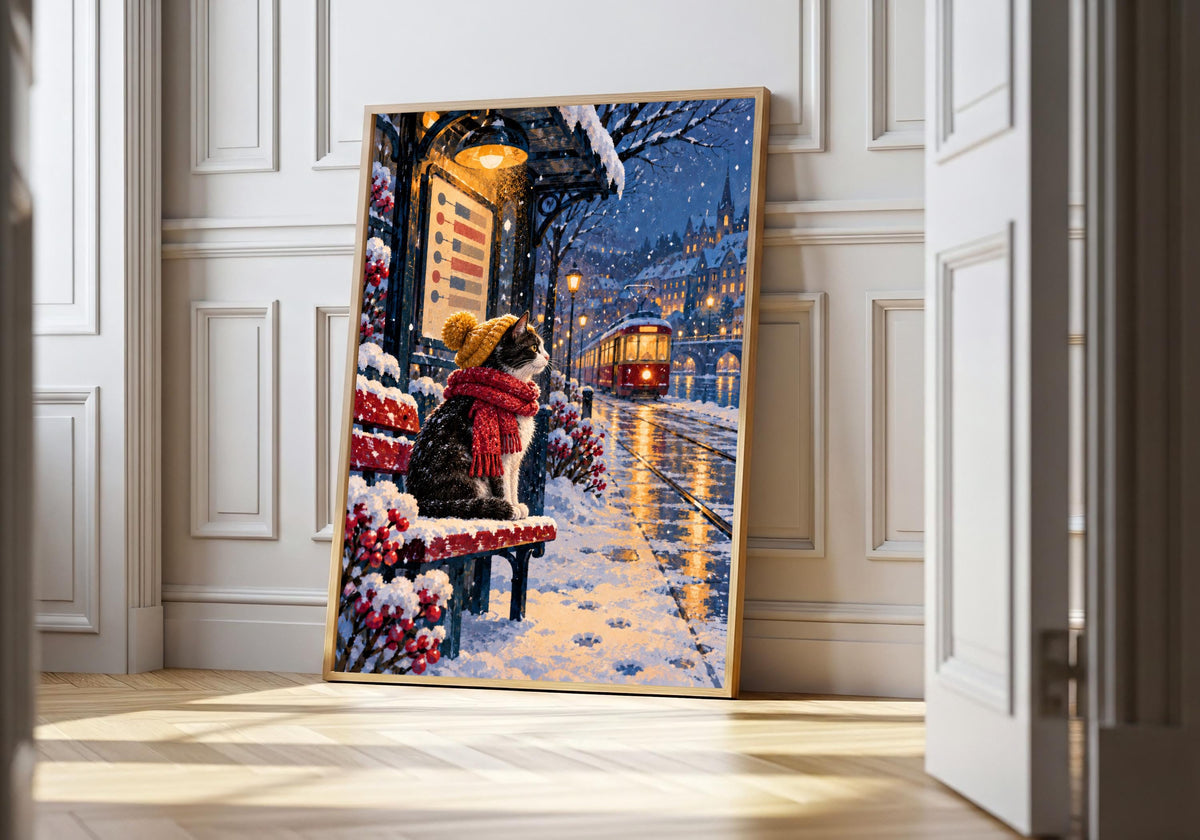 Greenery and furniture surround the framed artwork depicting a realistic tuxedo cat in a knitted hat and scarf waiting beside a snowy tram line.