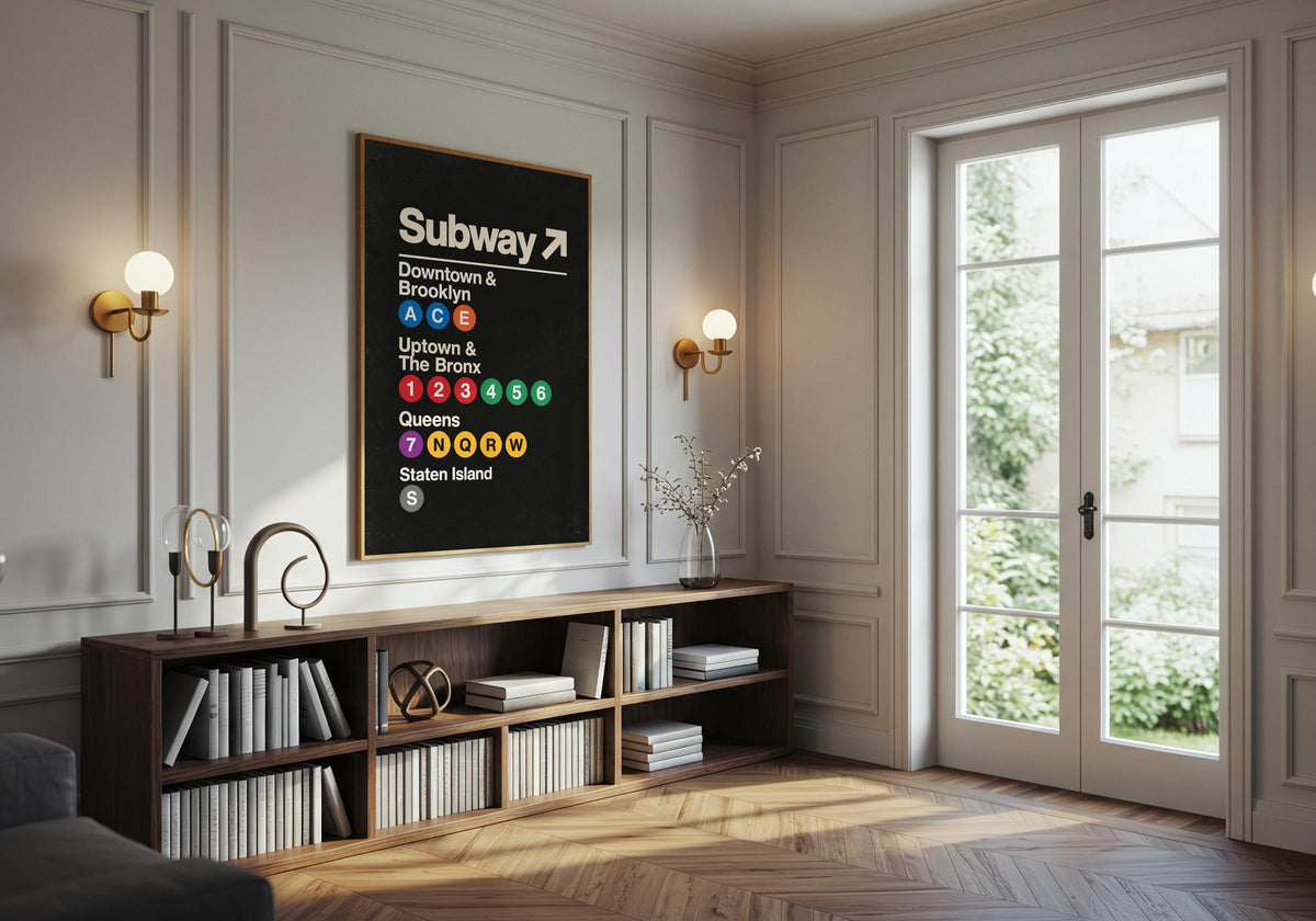 A final wide view shows the scale and placement of Vintage Subway Wayfinding Poster in the wayfinding poster 07 leafy living room room.