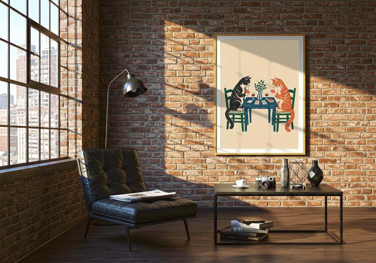 Close room styling highlights the inky black, ginger orange, bottle green and deep blue palette of the Tuxedo and Tabby Card Game design.
