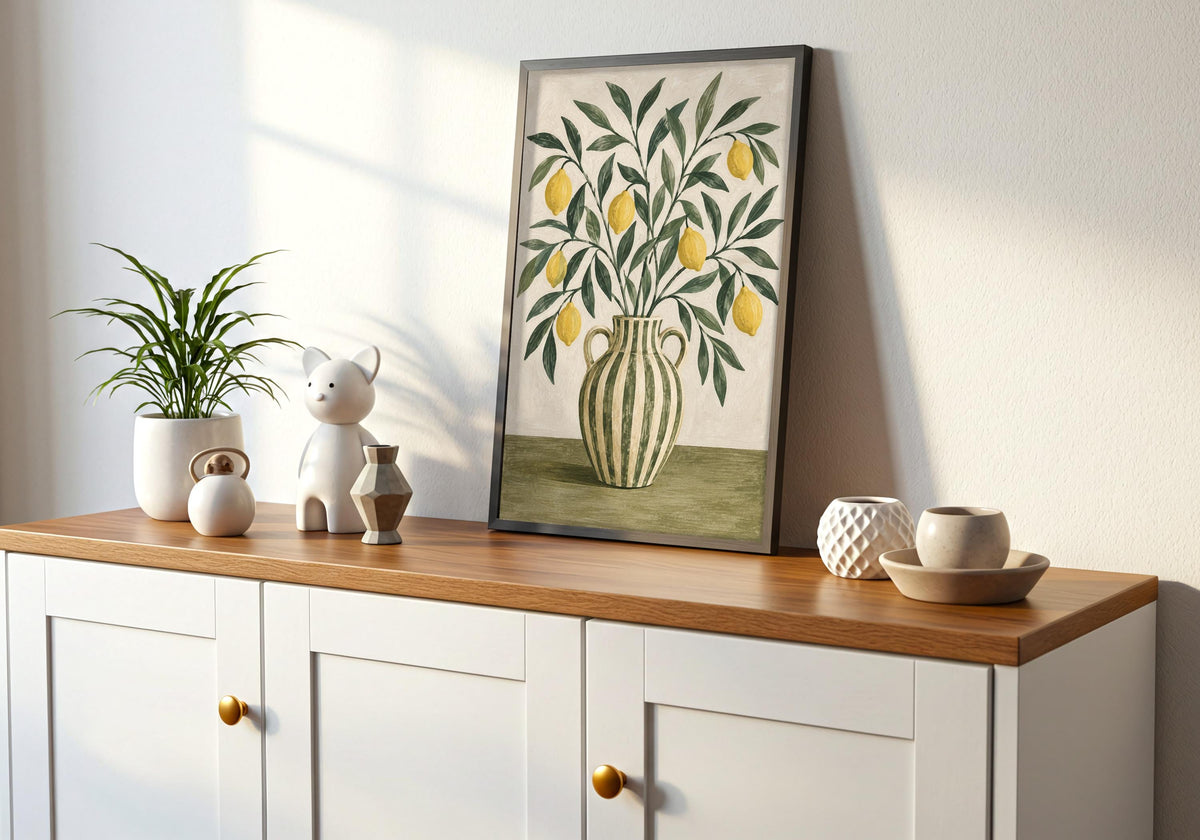 An angled photograph shows how the framed Striped Jug with Lemon Branches artwork sits within the lemon branches 08 black frame console scene.