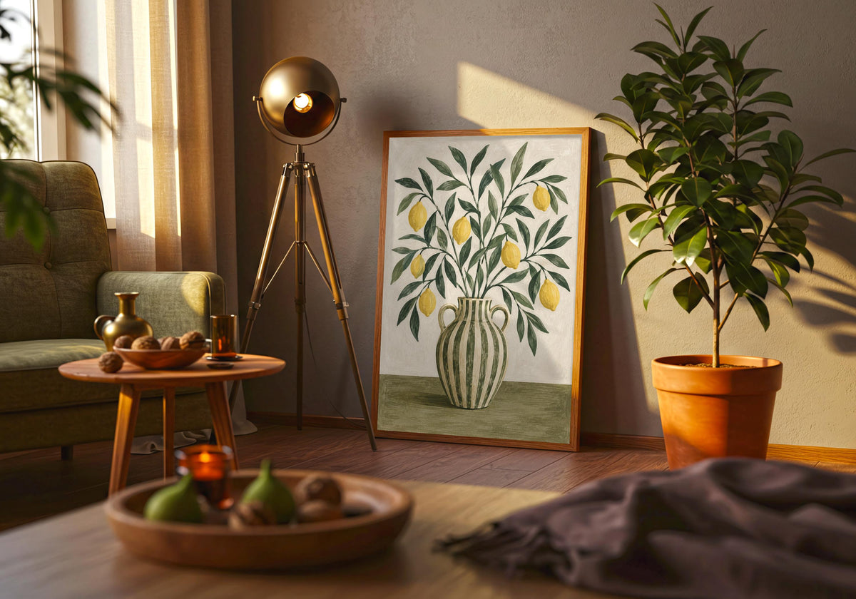 The Striped Jug with Lemon Branches wall print is photographed from a wider angle in a lemon branches 04 dining nook setting.