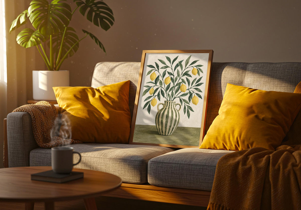 This interior composition pairs the lemon yellow, forest green, olive and chalky cream artwork with a contrasting frame and lived-in styling.