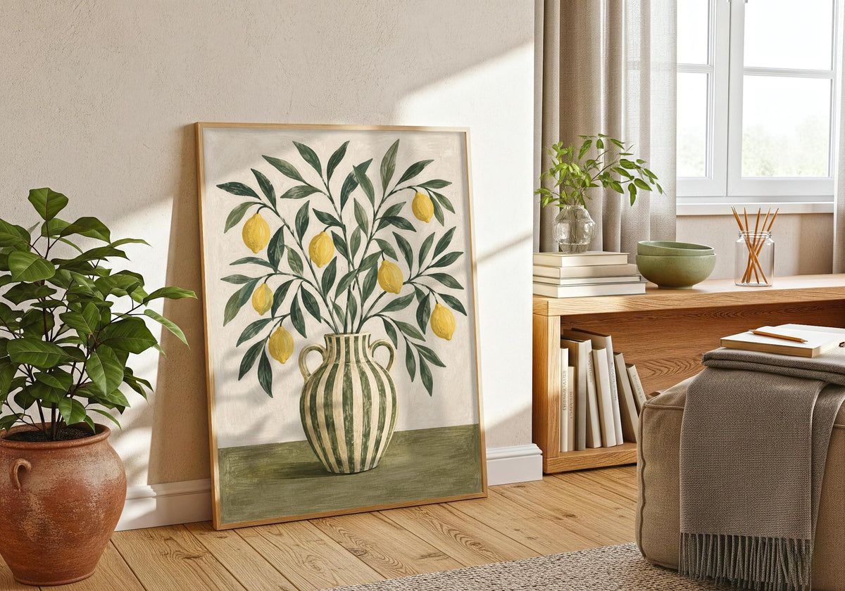 A final wide view shows the scale and placement of Striped Jug with Lemon Branches in the lemon branches 10 dining room room.