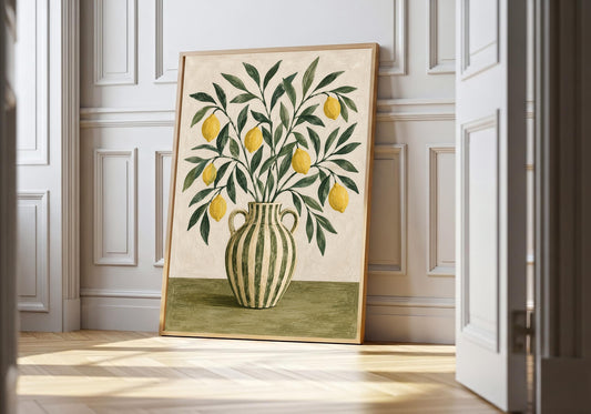 Striped Jug with Lemon Branches print in a light wood hero frame, showing sunny lemon branches arranged in a green-striped handled jug.