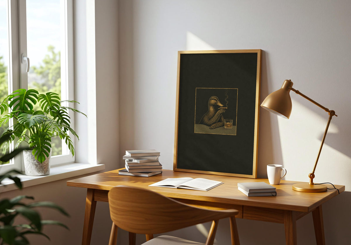 Framed wall view featuring a dignified duck holding a cigar beside a whisky tumbler as the room's main focal point.