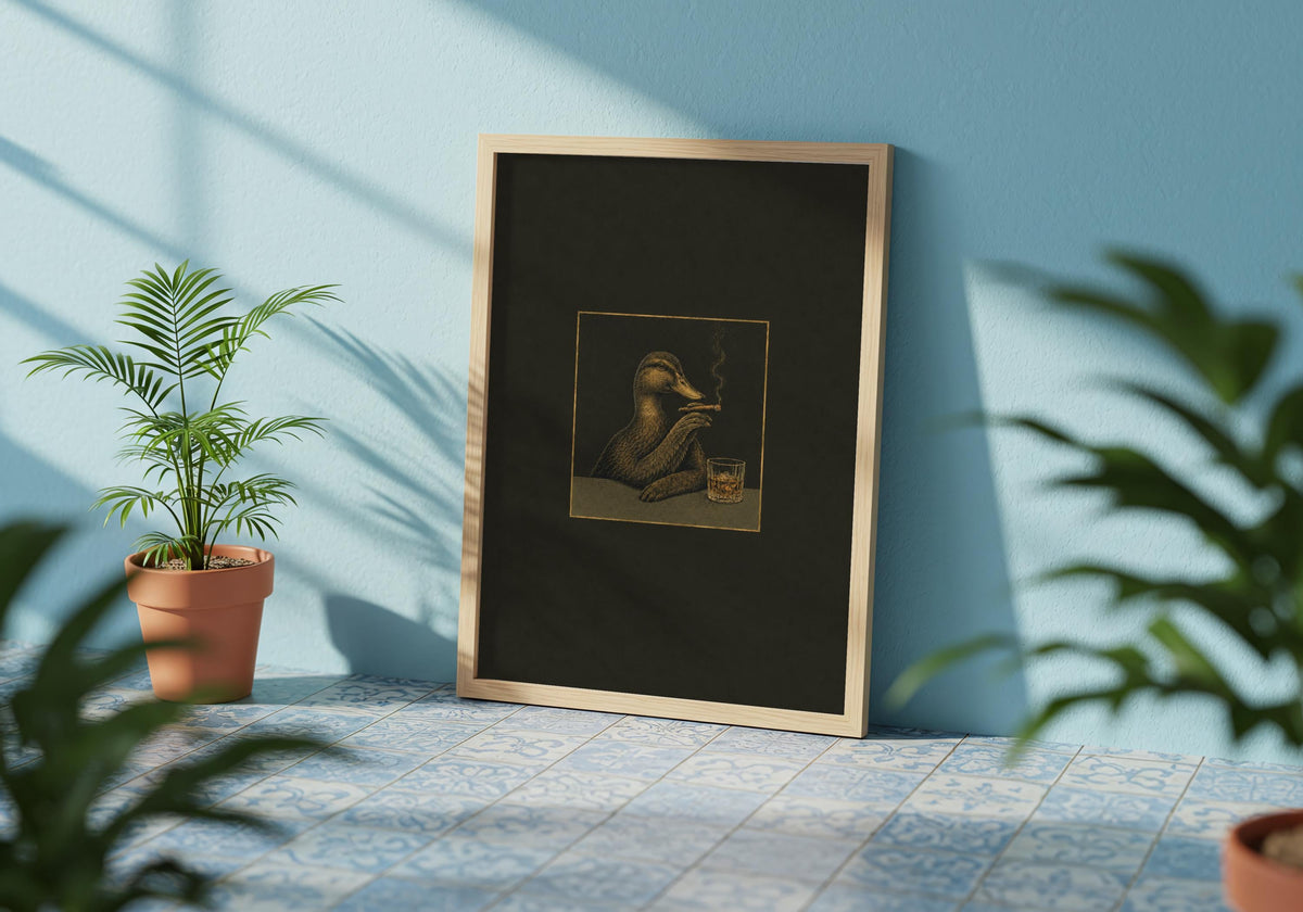 The quirky duck home bar art is styled above furniture in a bright contemporary room.