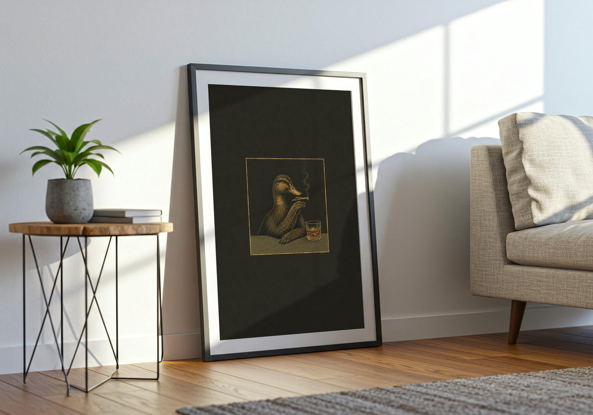 Final wide mockup presents the Duck Cigar Club print as characterful portrait wall art.