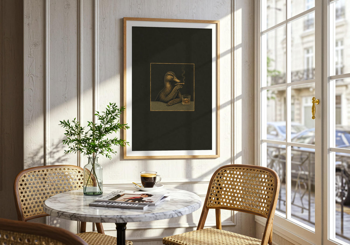 Gallery-style room scene centred on the distinctive Duck Cigar Club illustration.
