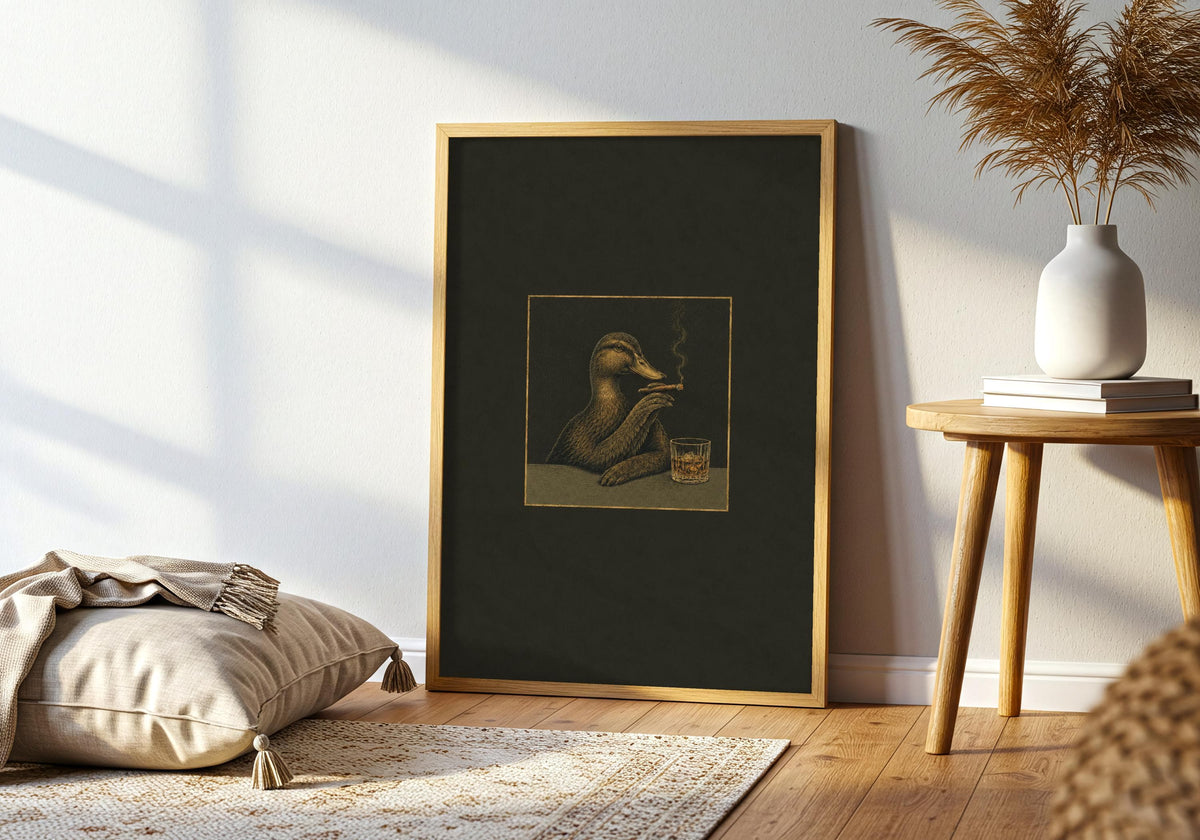 Close lifestyle view of the funny duck cigar print in a contrasting frame.