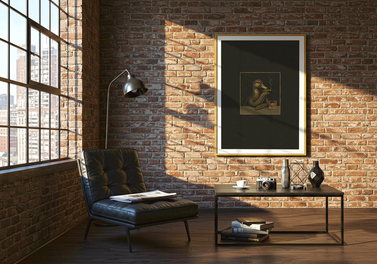 Wide room angle with the portrait-format Duck Cigar Club artwork clearly visible.