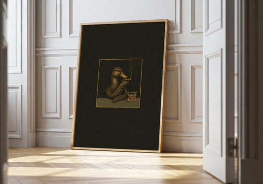 Duck Cigar Club art print showing a dignified duck holding a cigar beside a whisky tumbler in the light wood hero frame.