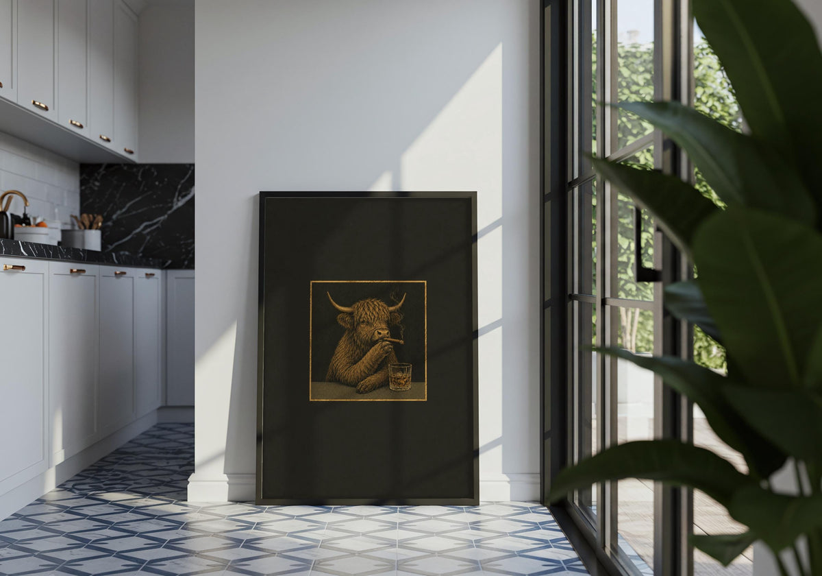 Gallery-style room scene centred on the distinctive Highland Cow Cigar Club I illustration.