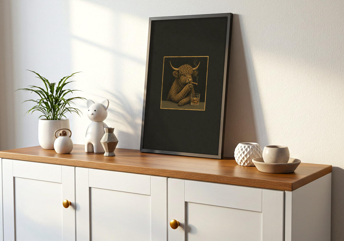 Framed wall view featuring a shaggy Highland cow smoking a cigar beside a whisky tumbler as the room's main focal point.