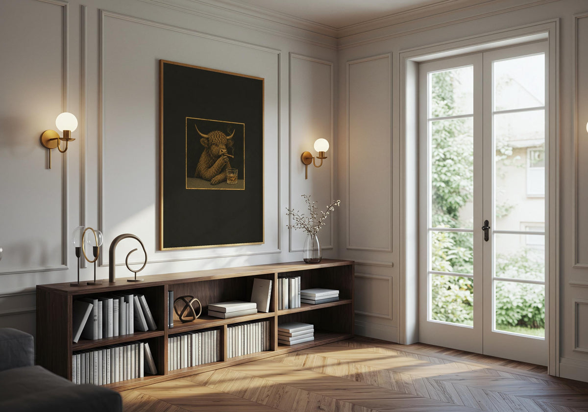 The funny Highland cow wall art is styled above furniture in a bright contemporary room.