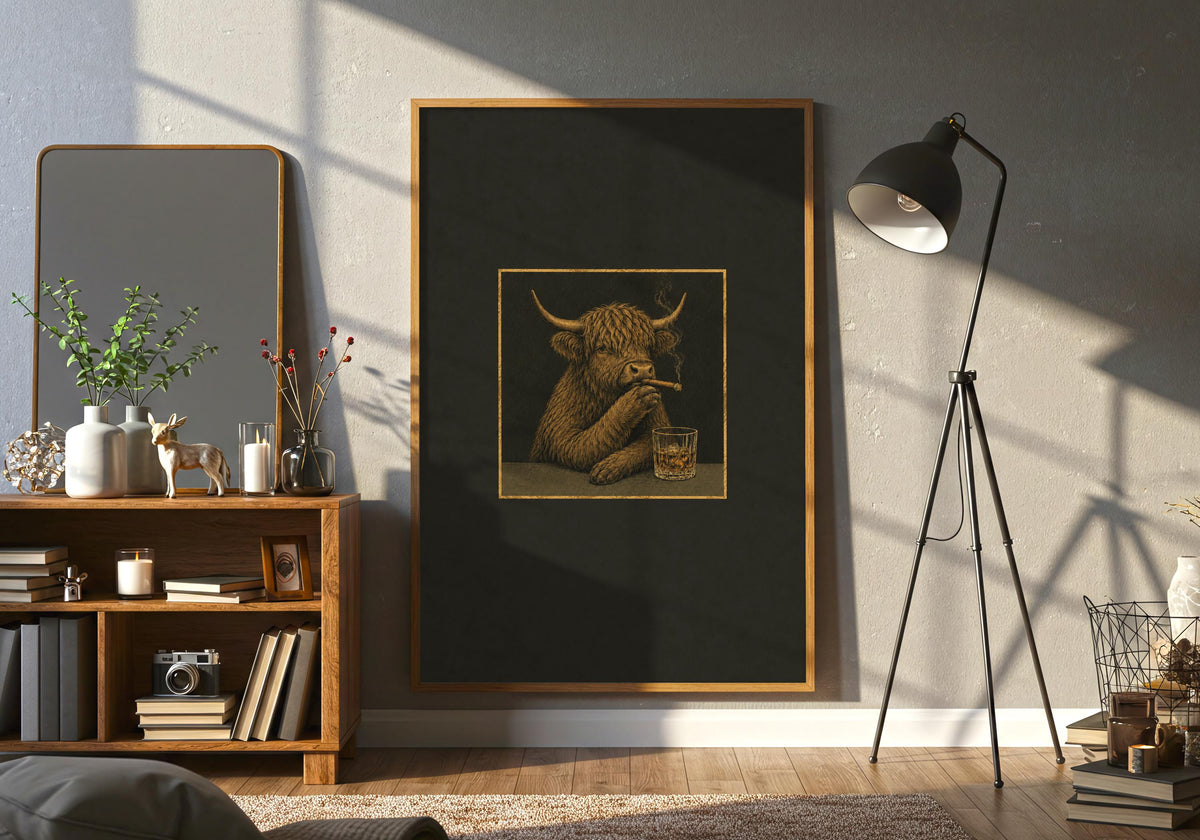 Close lifestyle view of the Highland cow cigar print in a contrasting frame.