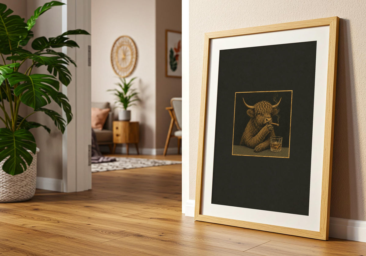 An angled interior photograph shows the texture and detail of a shaggy Highland cow smoking a cigar beside a whisky tumbler.