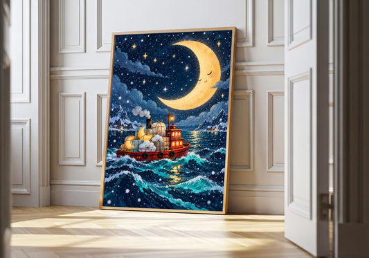 A smiling moon nursery print in a light wood frame leans against white wall panels, with a red parcel boat crossing blue waves.