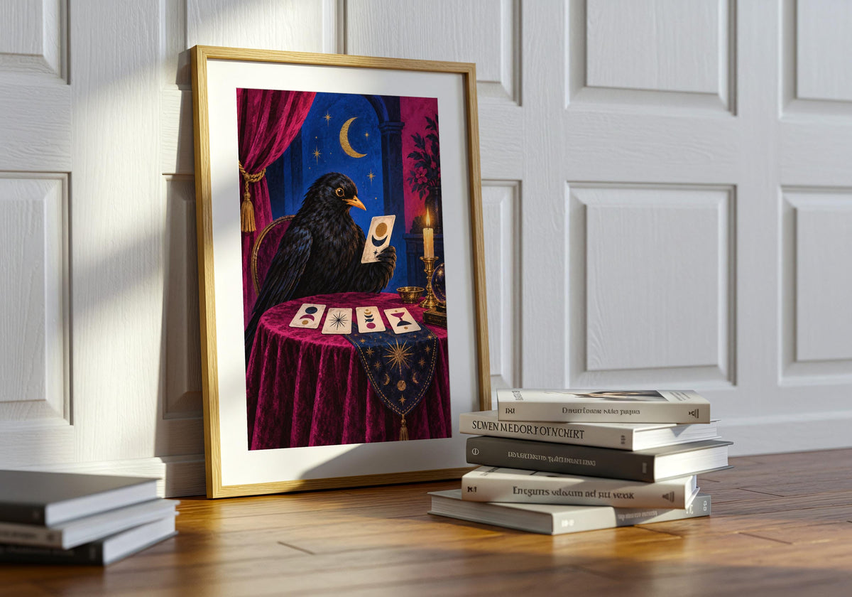 Green houseplants bring out the colour in this Blackbird Fortune Teller I wall print.