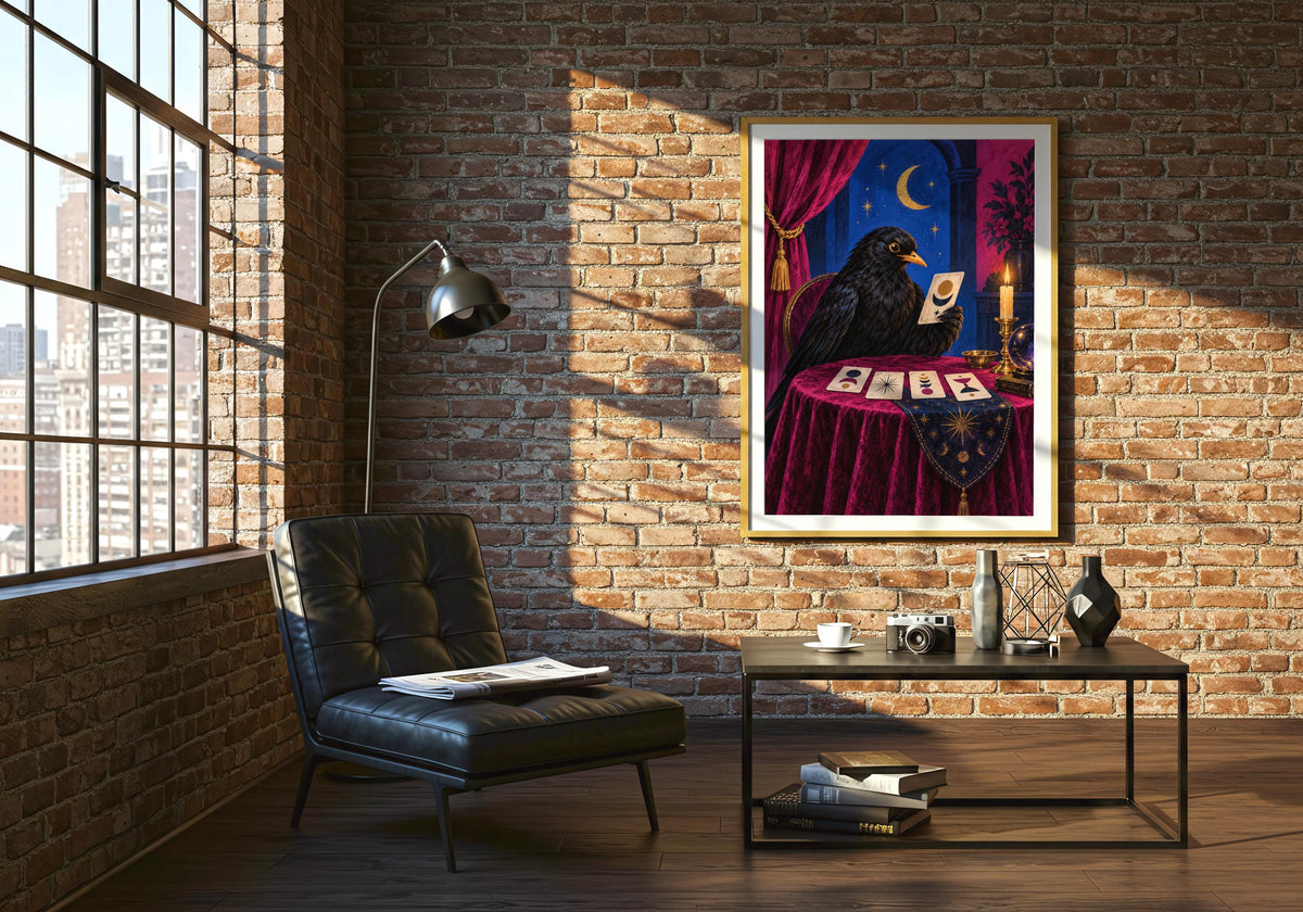 Wide room angle with the portrait-format Blackbird Fortune Teller I artwork clearly visible.