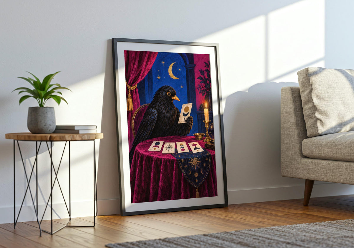Final wide mockup presents the Blackbird Fortune Teller I print as characterful portrait wall art.