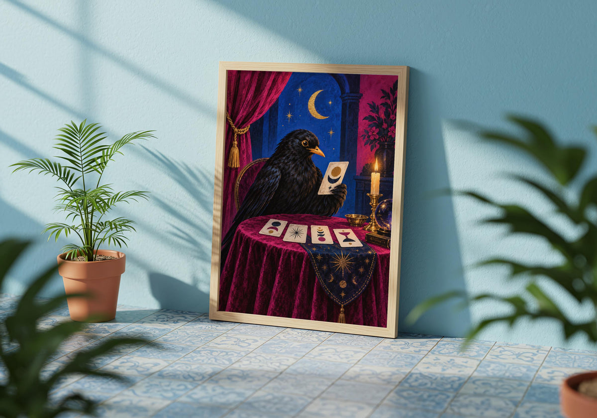 The mystical bird art print is styled above furniture in a bright contemporary room.