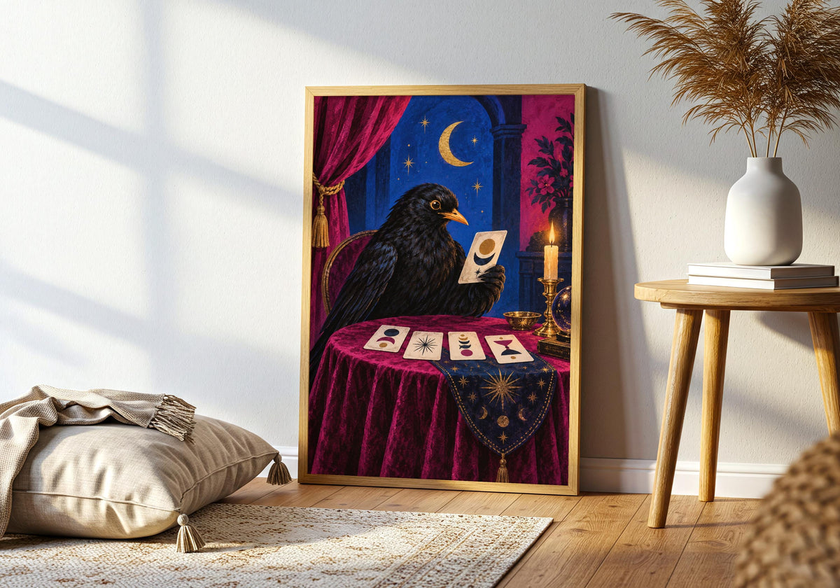 Close lifestyle view of the blackbird wall art in a contrasting frame.
