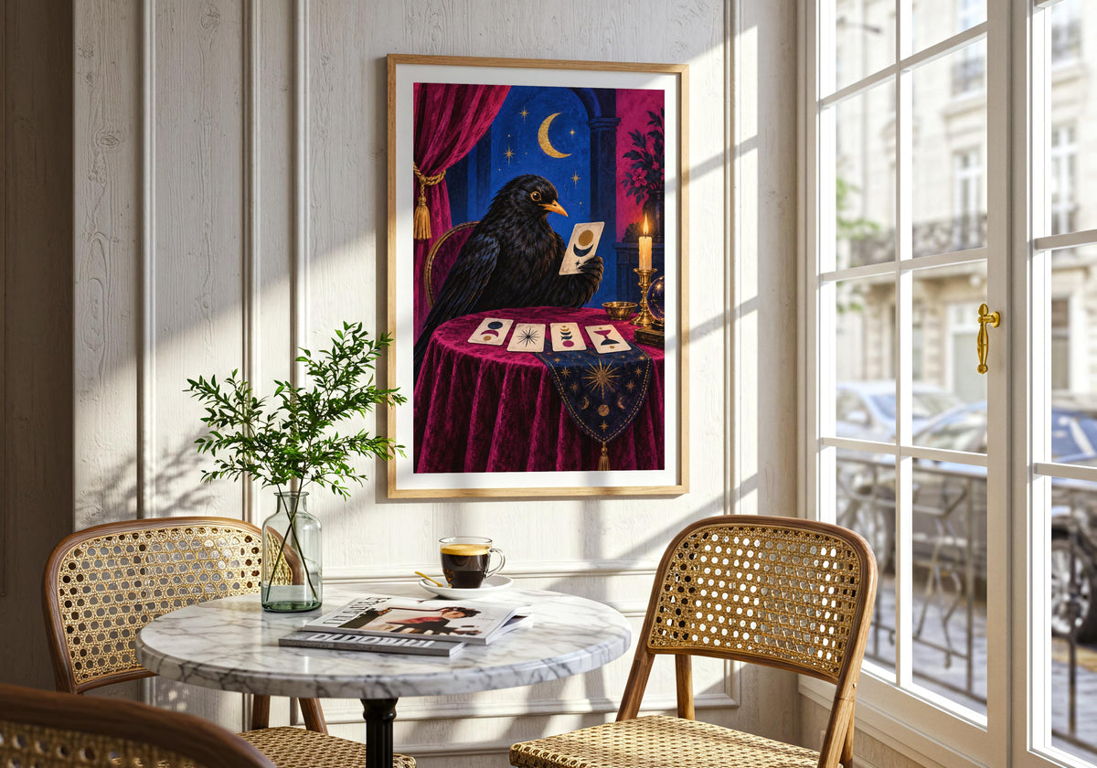 Gallery-style room scene centred on the distinctive Blackbird Fortune Teller I illustration.