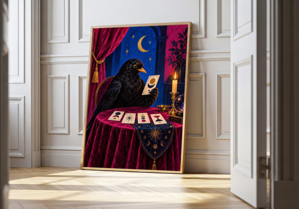 Blackbird Fortune Teller I art print showing a blackbird reading abstract fortune cards at a velvet table in the light wood hero frame.
