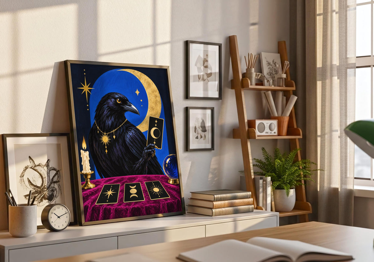 Green houseplants bring out the colour in this Blackbird Fortune Teller II wall print.