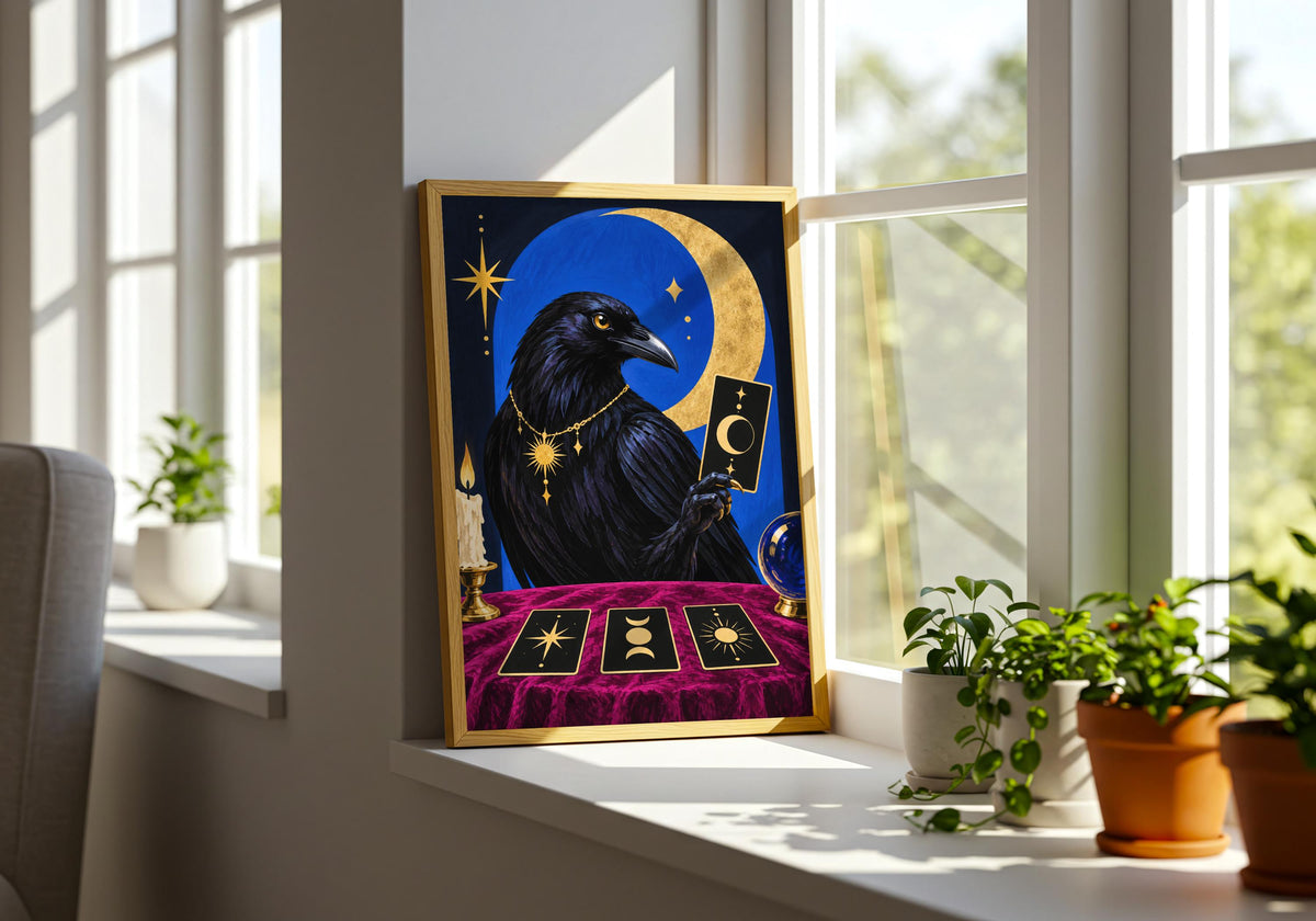 Gallery-style room scene centred on the distinctive Blackbird Fortune Teller II illustration.