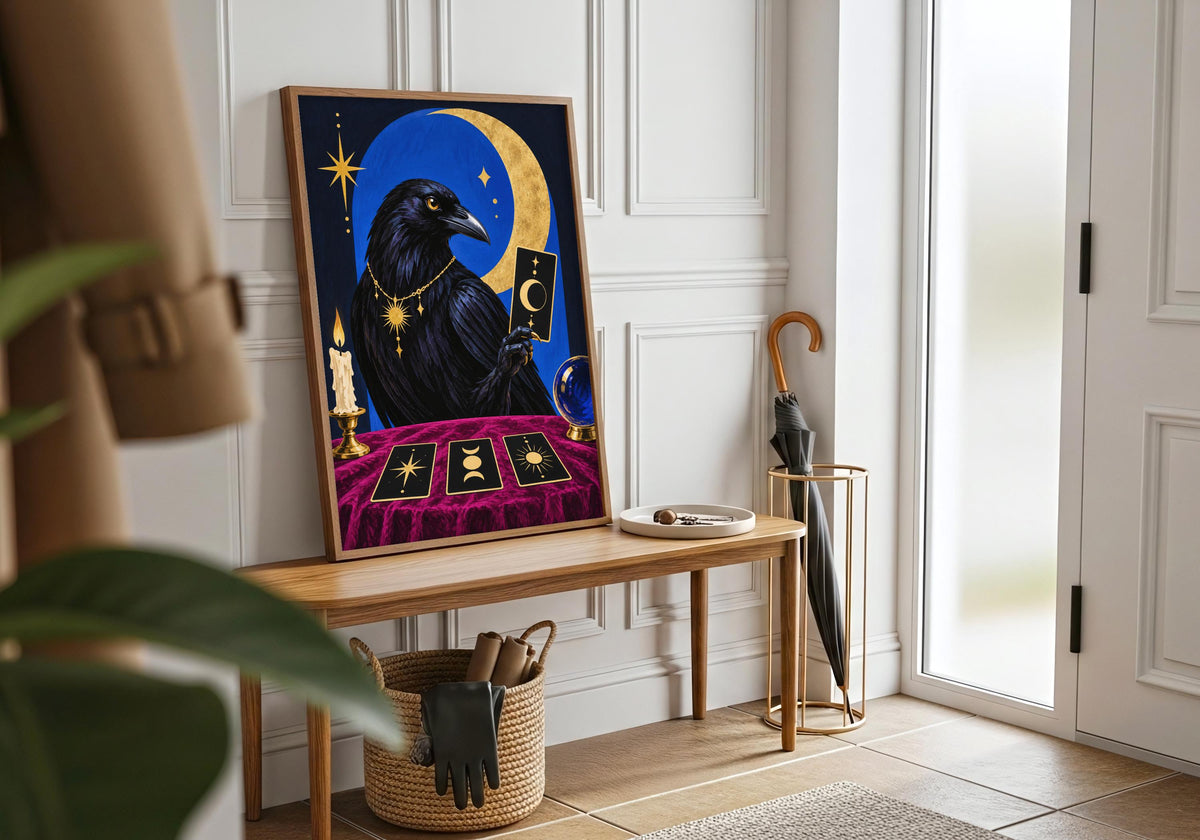Final wide mockup presents the Blackbird Fortune Teller II print as characterful portrait wall art.