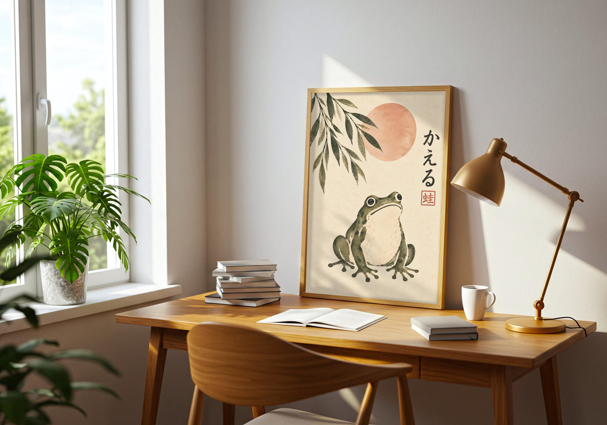 On a desk with a mug and brass-coloured lamp, bamboo leaves frame the watercolour-style frog picture.