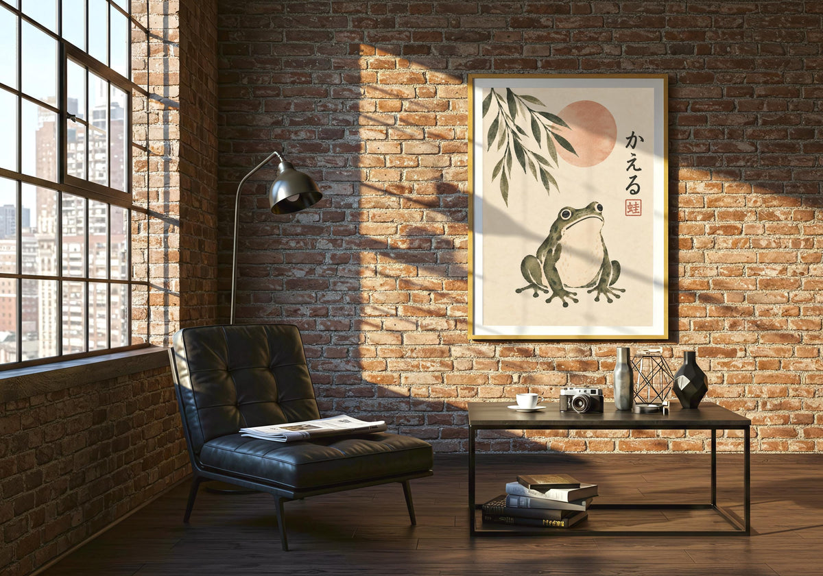 A brick-wall lounge displays the frog-and-sun print above a dark leather chair and low table.