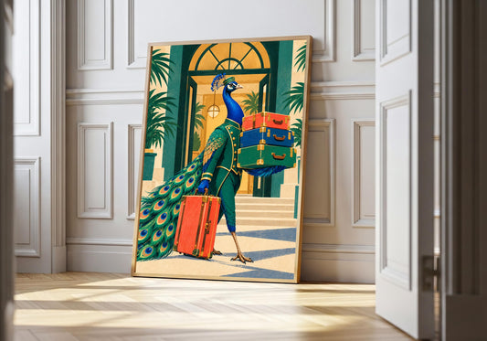 Green palms and a yellow arch surround a peacock porter in a wood-framed print leaning on a panelled wall.