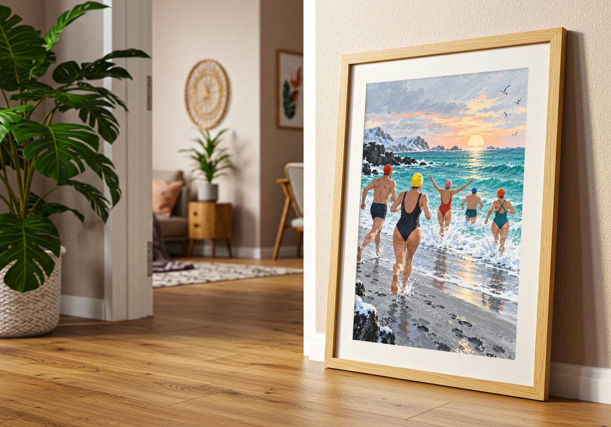 An angled interior photograph shows the texture and detail of five brightly capped winter swimmers racing into a turquoise sea.