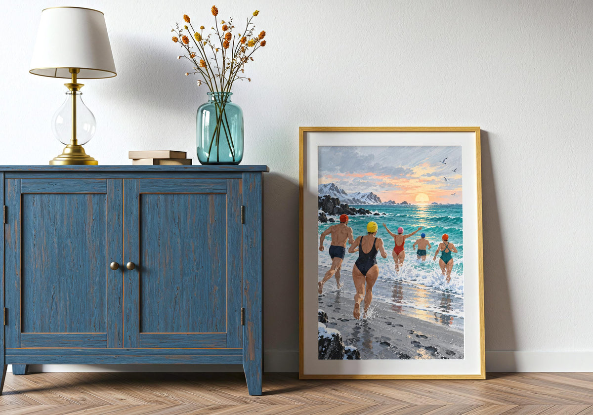 Wide room angle with the portrait-format Boxing Day Sea Dip artwork clearly visible.