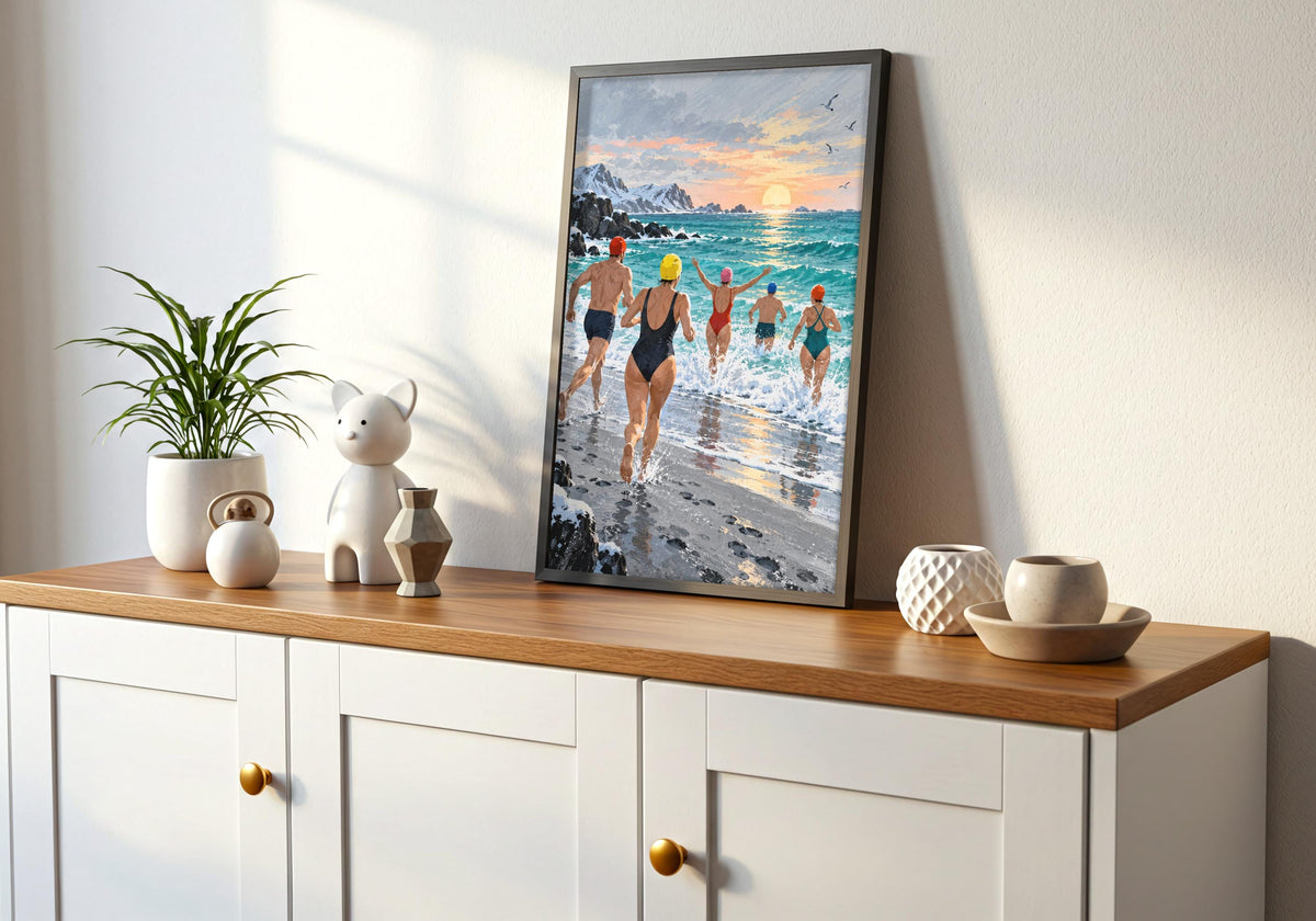 Framed wall view featuring five brightly capped winter swimmers racing into a turquoise sea as the room's main focal point.